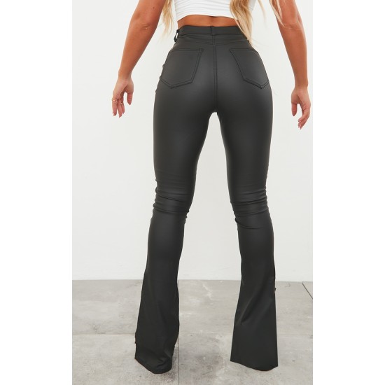 Black Coated Denim Split Hem Flares