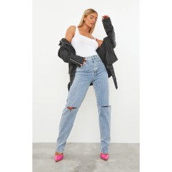 Vintage Light Blue Wash Slash Knee Long Leg Straight Leg Jeans