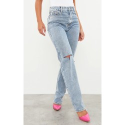 Vintage Light Blue Wash Slash Knee Long Leg Straight Leg Jeans