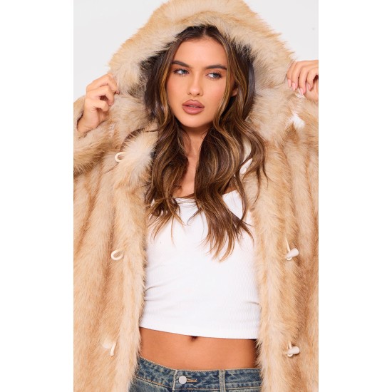 Natural Ombre Tip Hooded Faux Fur Maxi Coat