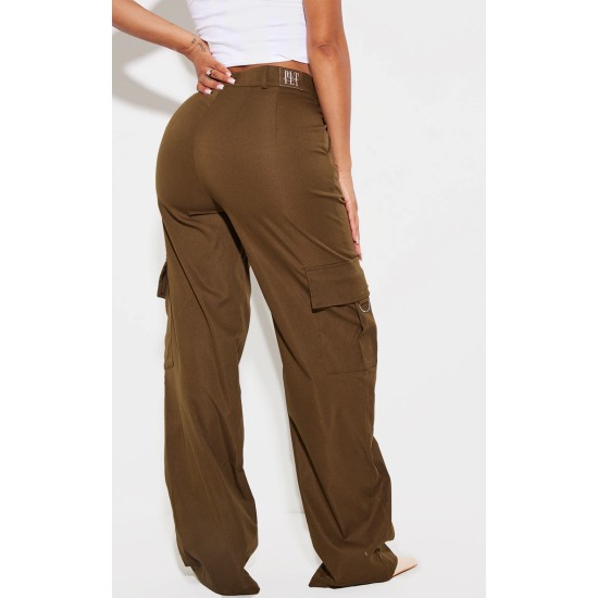 PRETTYLITTLETHING Shape Dark Khaki Green Buckle Detail Cargo Wide Leg Pants