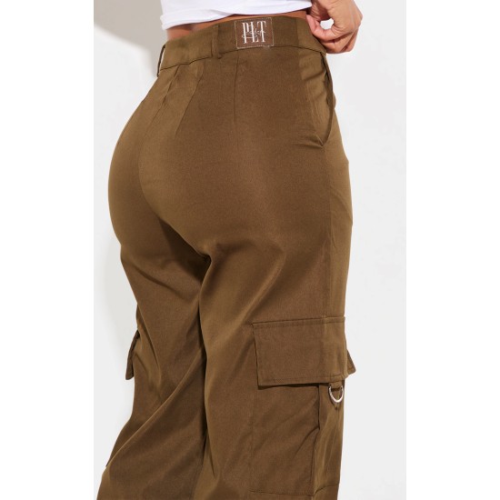 PRETTYLITTLETHING Shape Dark Khaki Green Buckle Detail Cargo Wide Leg Pants