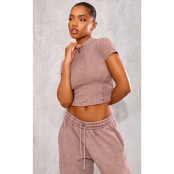 Taupe Washed Zip Up Rib Panel Top