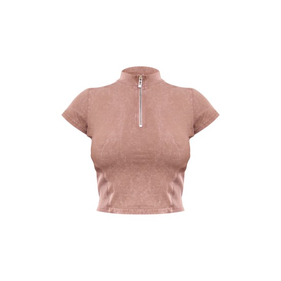 Taupe Washed Zip Up Rib Panel Top