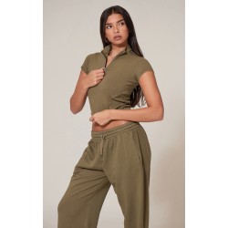 Olive Washed Zip Up Rib Panel Top