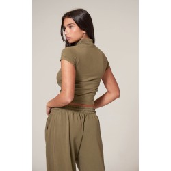 Olive Washed Zip Up Rib Panel Top