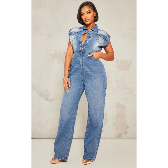 Shape Light Blue Sleeveless Rigid Denim Jumpsuit