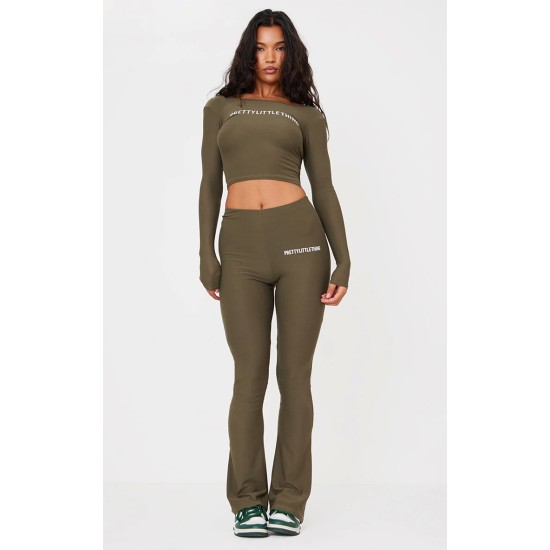 Khaki Cotton High Waist Flared Pants