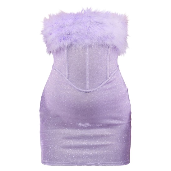 Lilac Glitter Corset Feather Bandeau Bodycon Dress