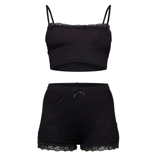 Black Jersey Lace Trim Short PJ Set