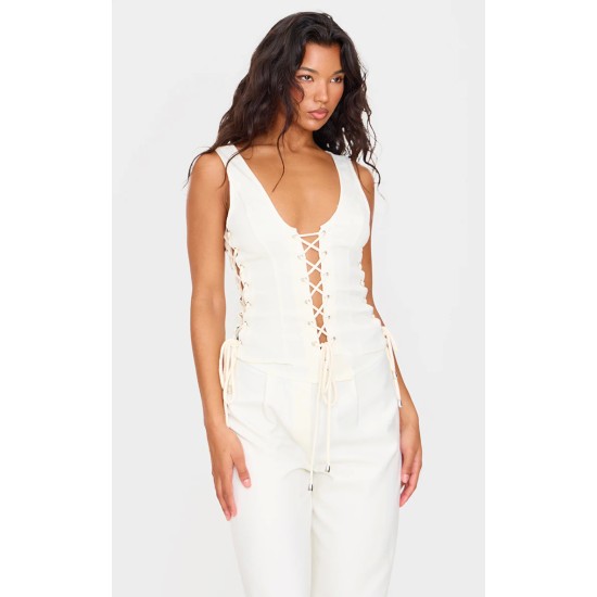 Cream Woven Lace Up Detail Plunge Sleeveless Top