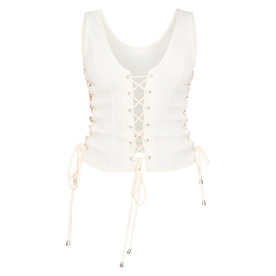 Cream Woven Lace Up Detail Plunge Sleeveless Top