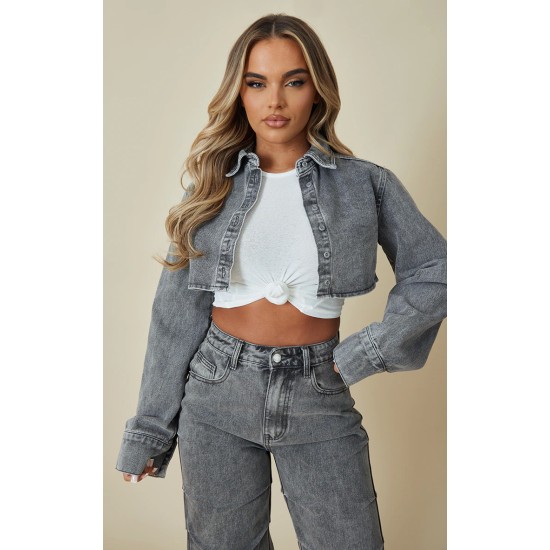 Washed Grey Denim Cropped Shirt