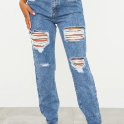 PRETTYLITTLETHING Mid Blue Ripped Mom Jeans