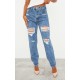 PRETTYLITTLETHING Mid Blue Ripped Mom Jeans