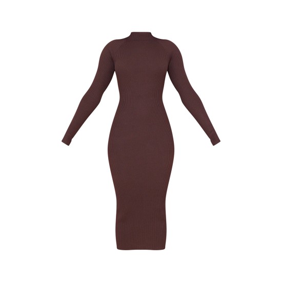 Chocolate Turtle Neck Knitted Bodycon Maxi Dress