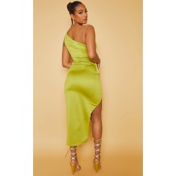 Olive Satin One Shoulder Pleat Detail Midi Dress