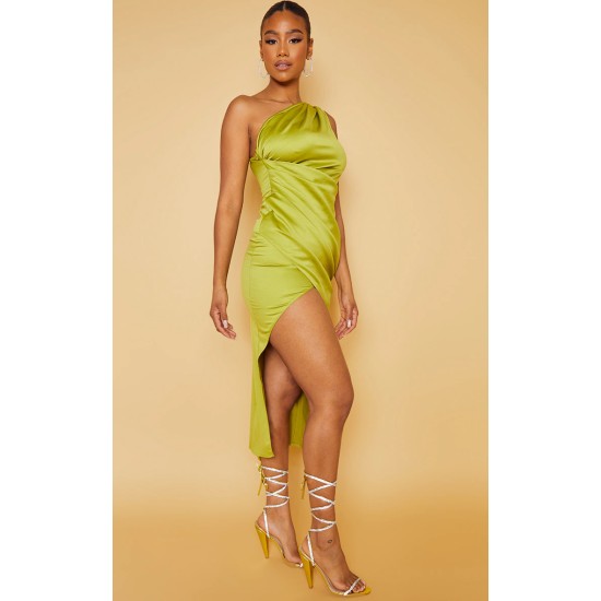 Olive Satin One Shoulder Pleat Detail Midi Dress