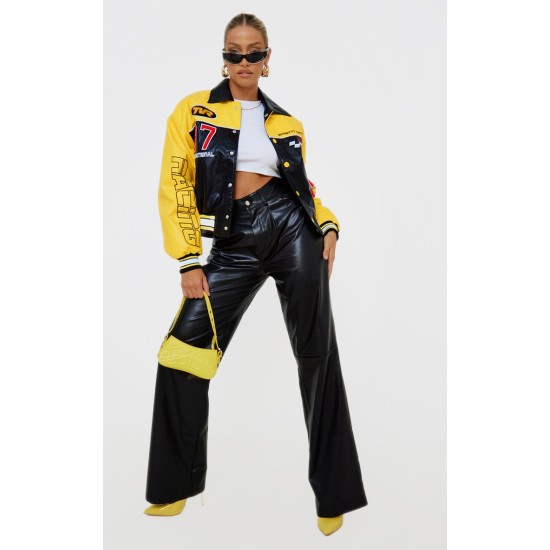 PRETTYLITTLETHING Yellow Faux Leather Motocross Racer Bomber Jacket