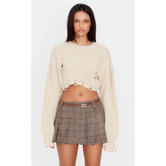 Oatmeal Chunky Knit Distressed Hem Crop Sweater