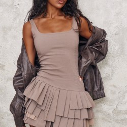 Taupe Stretch Woven Extreme Pleated Shift Dress