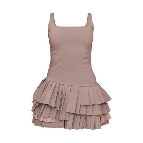 Taupe Stretch Woven Extreme Pleated Shift Dress