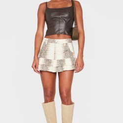 Stone Snake Print Faux Leather Frill Hem Mini Skirt