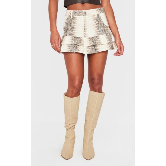 Stone Snake Print Faux Leather Frill Hem Mini Skirt