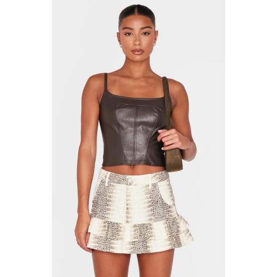 Stone Snake Print Faux Leather Frill Hem Mini Skirt