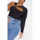 Plus Black Cut Out Ring Detail Long Sleeve Bodysuit