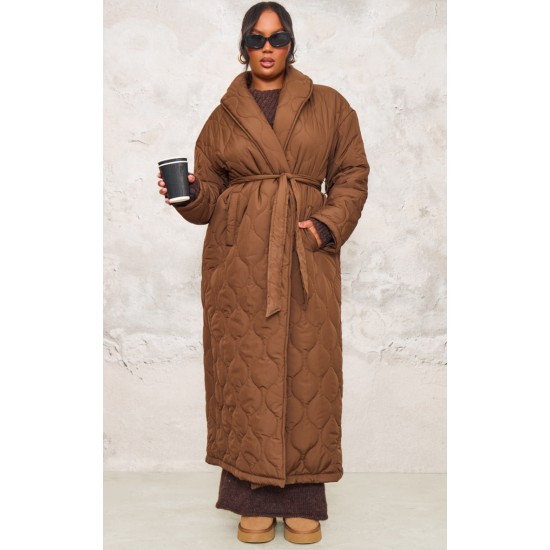 Plus Dark Brown Maxi Belted Quilted Coat