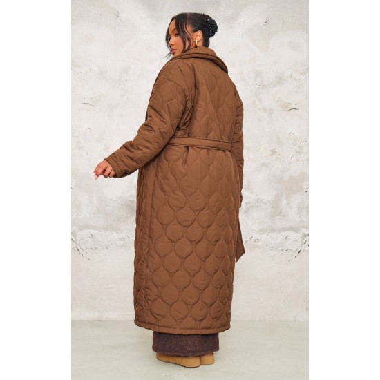 Plus Dark Brown Maxi Belted Quilted Coat