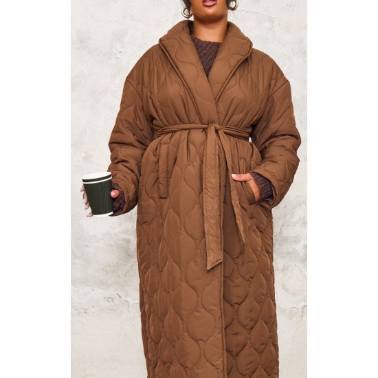 Plus Dark Brown Maxi Belted Quilted Coat