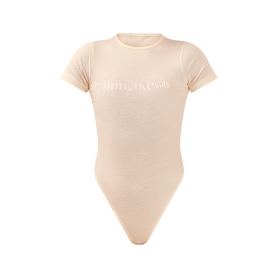 PRETTYLITTLETHING Off White Logo Short Sleeved Bodysuit