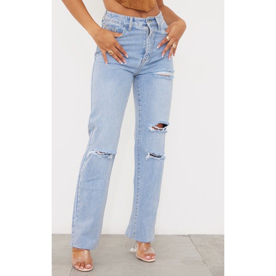 PRETTYLITTLETHING Light Blue Wash Ripped Long Leg Straight Jeans