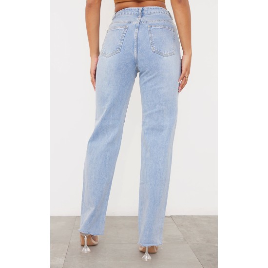 PRETTYLITTLETHING Light Blue Wash Ripped Long Leg Straight Jeans