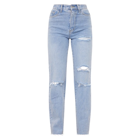 PRETTYLITTLETHING Light Blue Wash Ripped Long Leg Straight Jeans