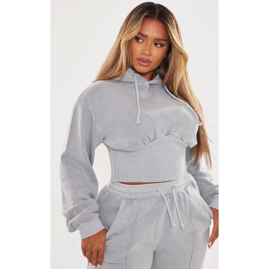 Shape Light Grey Sweat Cropped Shirred Waist Hoodie