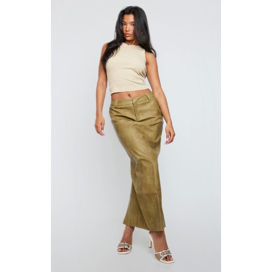 Premium Olive Washed Faux Leather Maxi Skirt