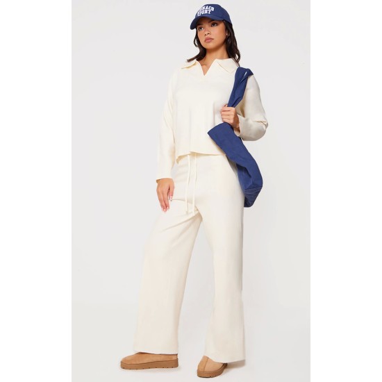 Cream Knitted Polo Neck Sweater And Wide Leg Pants Set