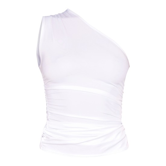 White Stretch Slinky Ruched Side Long Top