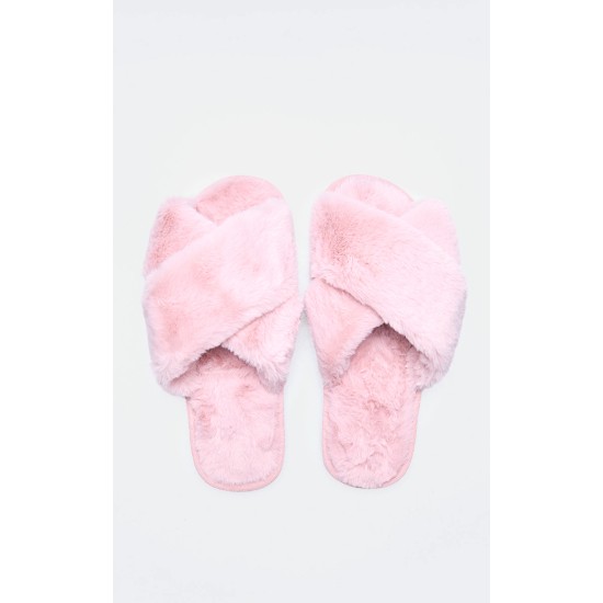 Pink Faux Fur Cross Over Slippers