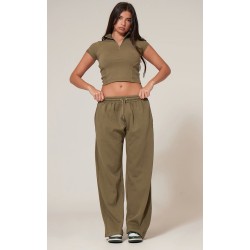 Olive Washed Rib Panel Wide Leg Sweatpants