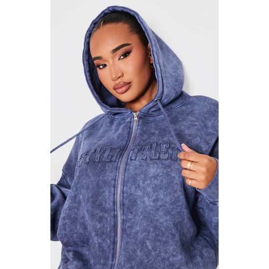 Shape Navy Embroidery Washed Zip Through Hoodie