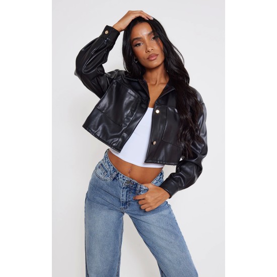 Black Faux Leather Pocket Detail Oversized Cropped Jacket