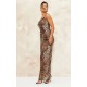 Brown Leopard Print Chiffon Lace Trim Strappy Maxi Dress