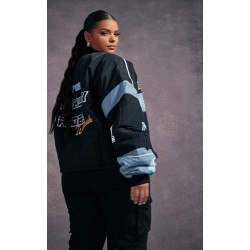 Plus Black Oversized Graphic Zipped Racer Bomber Jacket