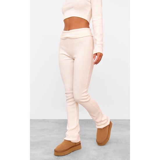 Cream Rib Fold Over Waist Flared Pants