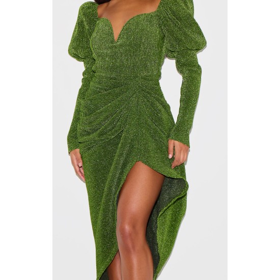 Green Glitter Plisse Puff Sleeve V Bar Draped Midi Dress