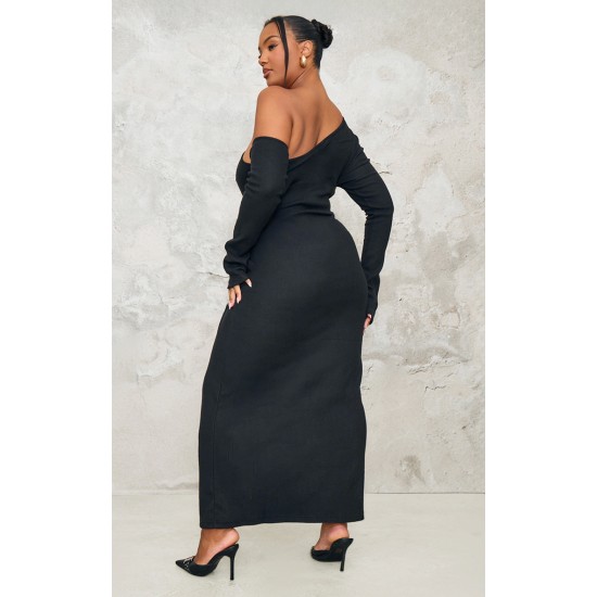 Plus Black Heavy Brushed Asymmetric Ruched Maxi Dress